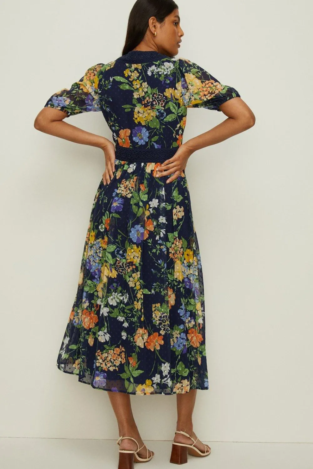 Fashion Oasis Floral Dobby Chiffon Lace V Neck Midi Dress Navy