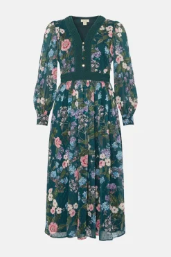 Online Oasis Floral Dobby Chiffon Lace V Neck Midi Dress Forest