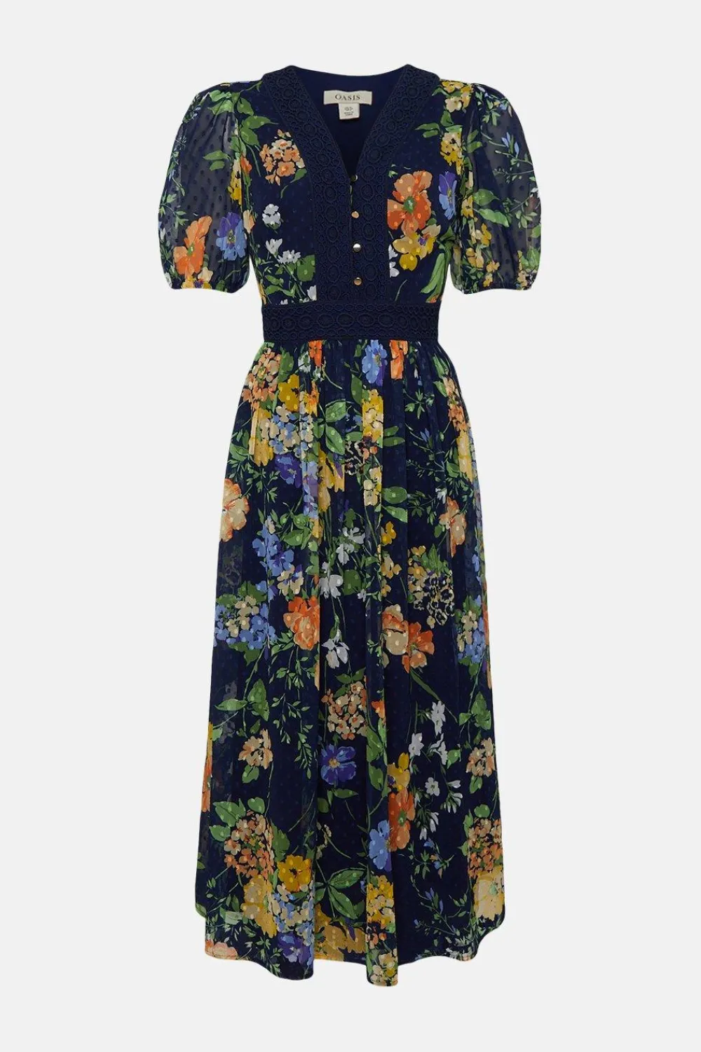 Fashion Oasis Floral Dobby Chiffon Lace V Neck Midi Dress Navy