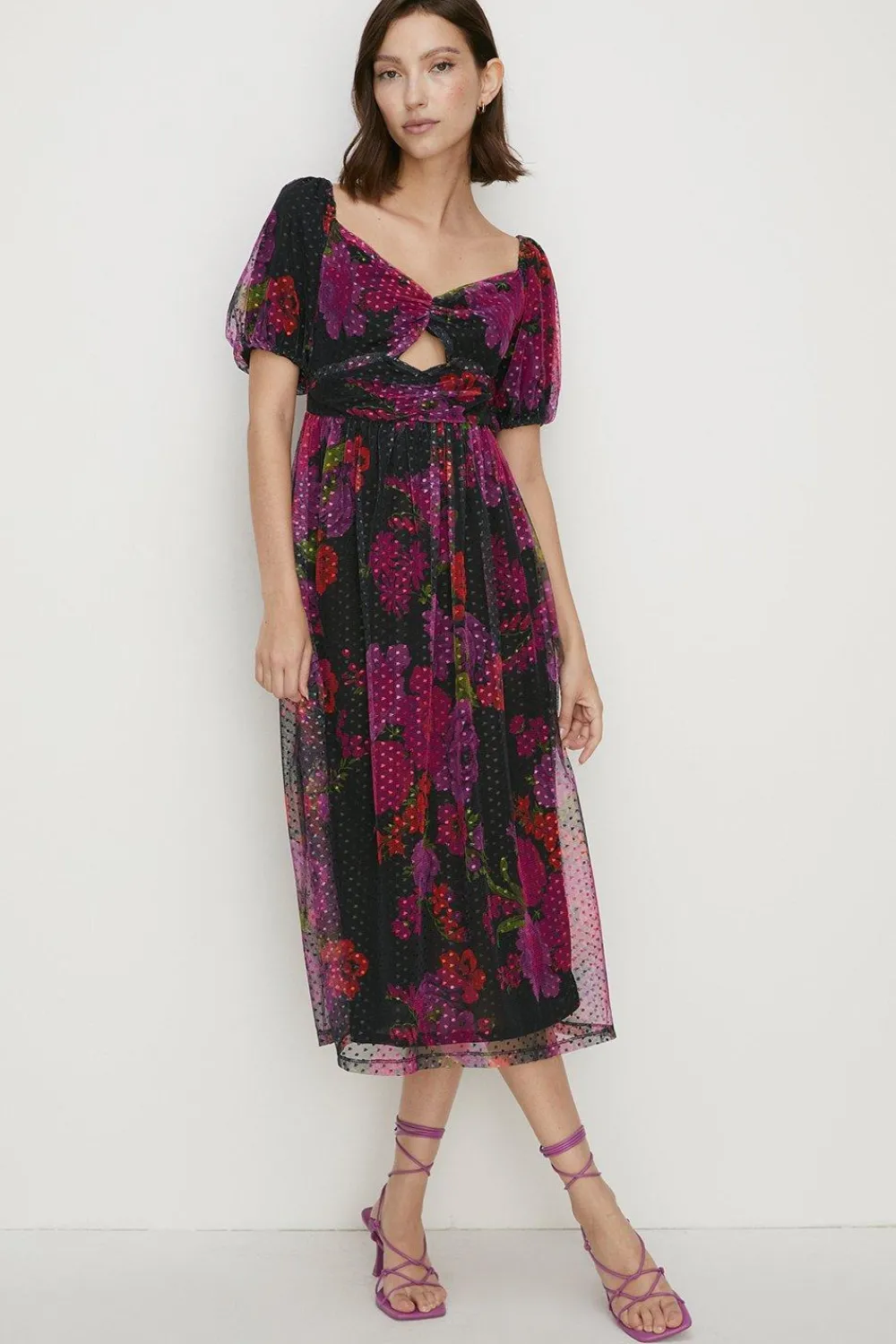 Clearance Oasis Floral Dobby Mesh Puff Sleeve Midi Dress Black