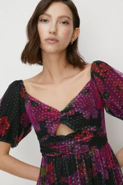 Clearance Oasis Floral Dobby Mesh Puff Sleeve Midi Dress Black