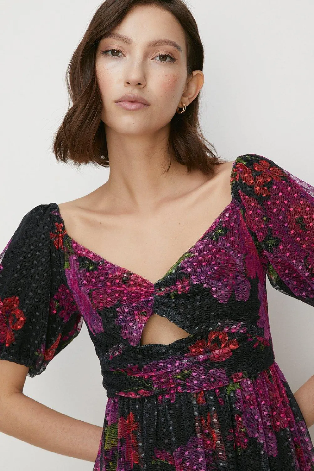 Clearance Oasis Floral Dobby Mesh Puff Sleeve Midi Dress Black