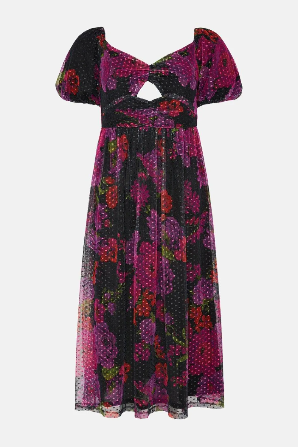 Clearance Oasis Floral Dobby Mesh Puff Sleeve Midi Dress Black