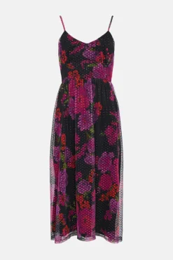 Hot Oasis Floral Dobby Mesh Strappy Midi Dress Green