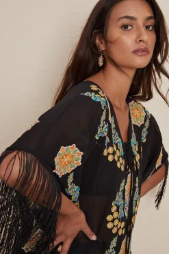 Fashion Oasis Floral Embroidered Fringed Kaftan Black