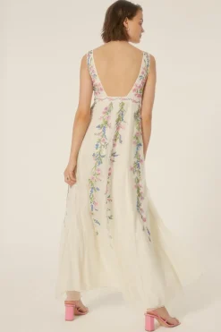 Hot Oasis Floral Embroidered Plunge Maxi Dress Ivory