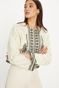 Hot Oasis Floral Embroidered Poplin Quilted Jacket Ivory