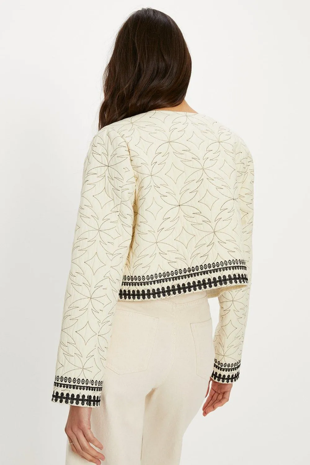 Hot Oasis Floral Embroidered Poplin Quilted Jacket Ivory