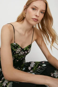 Best Oasis Floral Embroidered Tiered Strappy Midi Dress Black