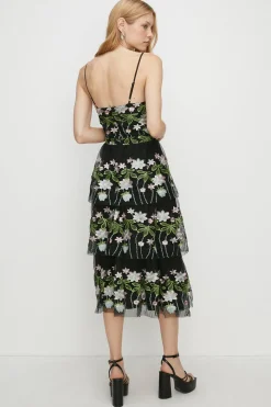 Best Oasis Floral Embroidered Tiered Strappy Midi Dress Black