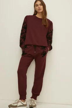 New Oasis Floral Flocked Cuffed Jogger Wine
