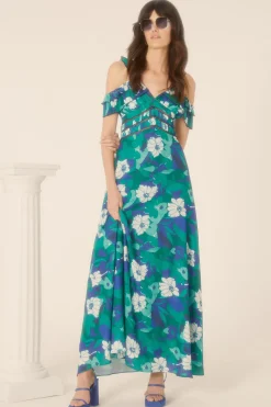 Outlet Oasis Floral Frill Lace Trim Midaxi Dress Bright Green