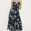Outlet Oasis Floral Gathered Tiered Strappy Midi Dress Navy