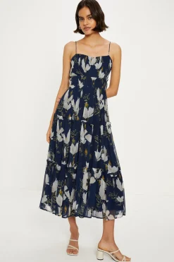 Outlet Oasis Floral Gathered Tiered Strappy Midi Dress Navy