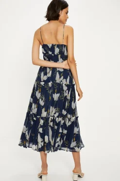 Outlet Oasis Floral Gathered Tiered Strappy Midi Dress Navy