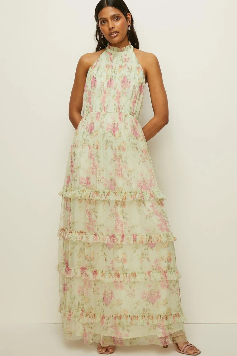 Clearance Oasis Floral Halter Neck Tiered Mesh Maxi Dress Sage