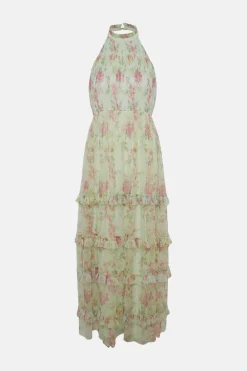 Clearance Oasis Floral Halter Neck Tiered Mesh Maxi Dress Sage
