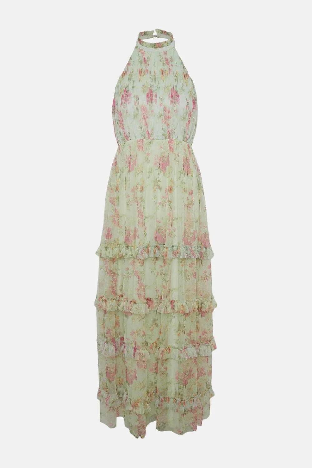 Clearance Oasis Floral Halter Neck Tiered Mesh Maxi Dress Sage