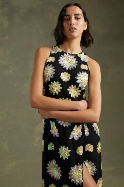 New Oasis Floral Hand Embellished Halter Neck Midi Dress Black