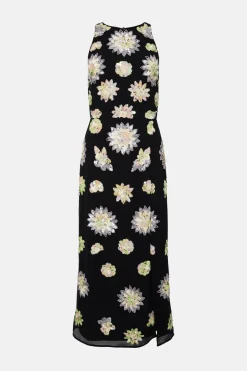 New Oasis Floral Hand Embellished Halter Neck Midi Dress Black