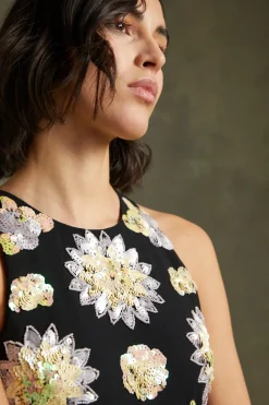 New Oasis Floral Hand Embellished Halter Neck Midi Dress Black