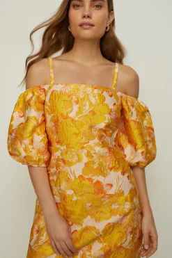 Online Oasis Floral Jacquard Bardot Strap Aline Dress Gold
