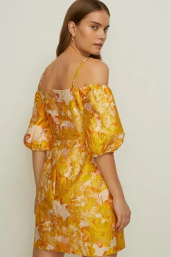 Online Oasis Floral Jacquard Bardot Strap Aline Dress Gold