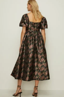 Clearance Oasis Floral Jacquard Bustier Midi Dress Black