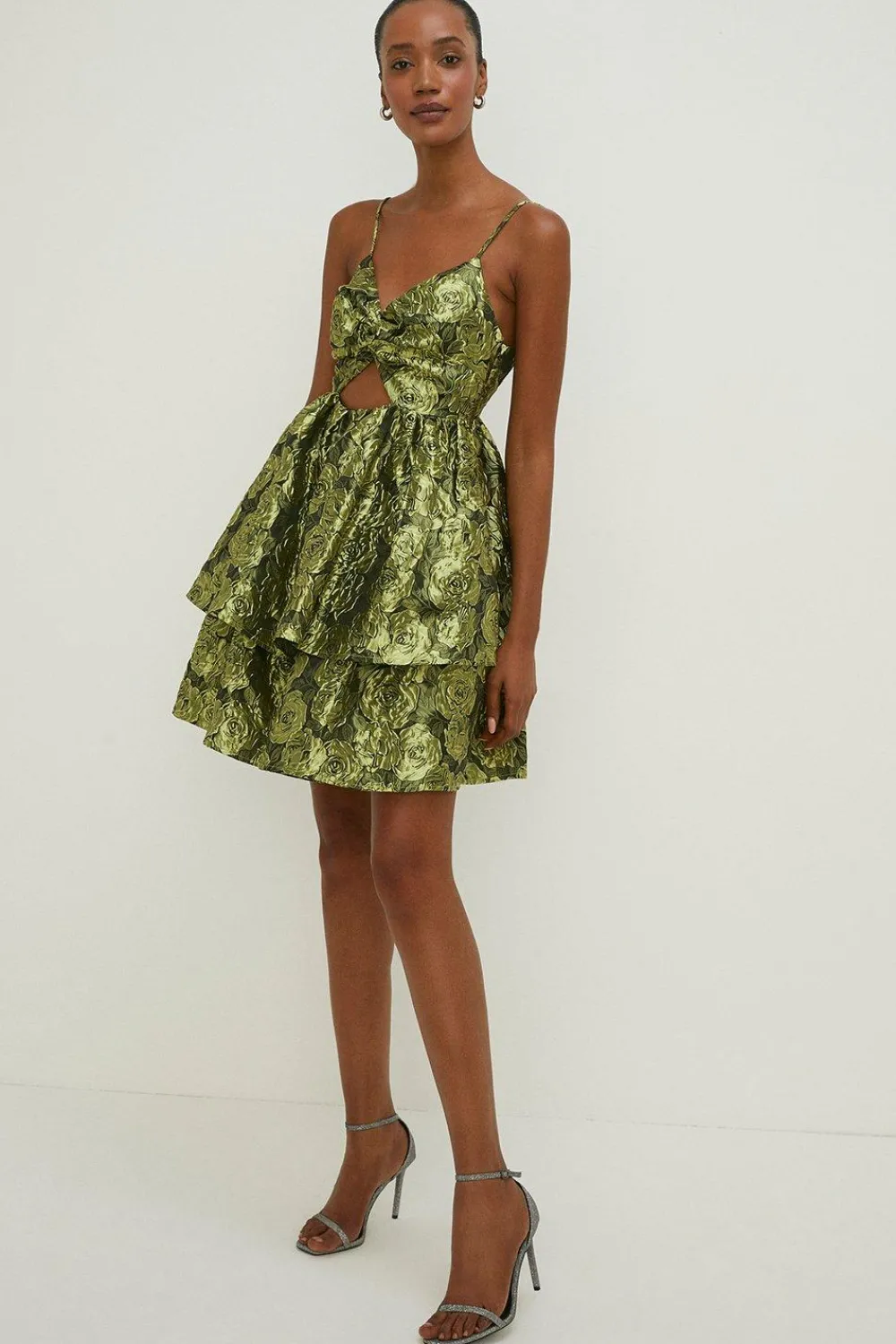 Hot Oasis Floral Jacquard Cut Out Tiered Mini Dress Green