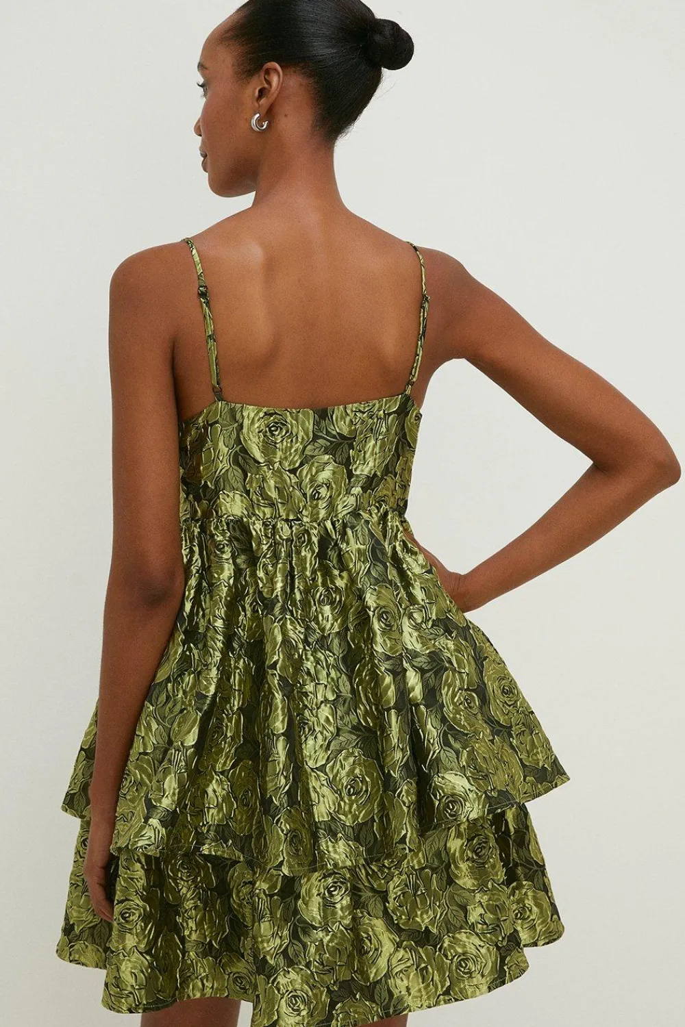 Hot Oasis Floral Jacquard Cut Out Tiered Mini Dress Green