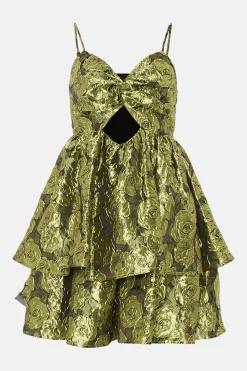 Hot Oasis Floral Jacquard Cut Out Tiered Mini Dress Green