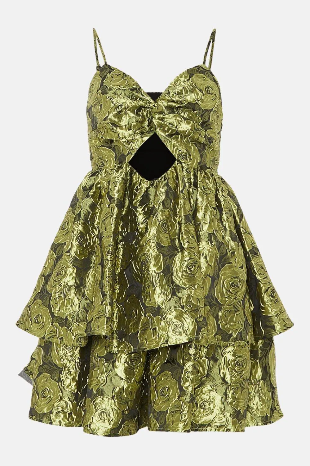 Hot Oasis Floral Jacquard Cut Out Tiered Mini Dress Green