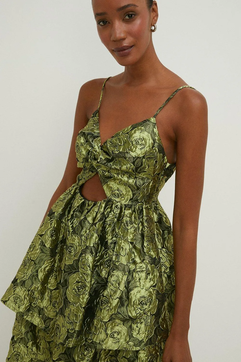 Hot Oasis Floral Jacquard Cut Out Tiered Mini Dress Green