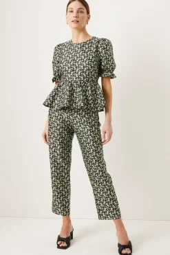 New Oasis Floral Jacquard Peplum Top Black
