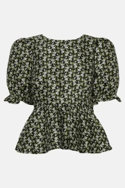 New Oasis Floral Jacquard Peplum Top Black