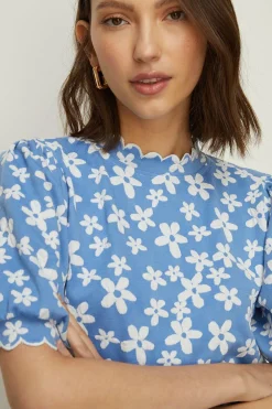 Online Oasis Floral Jacquard Scallop Edge Top Blue