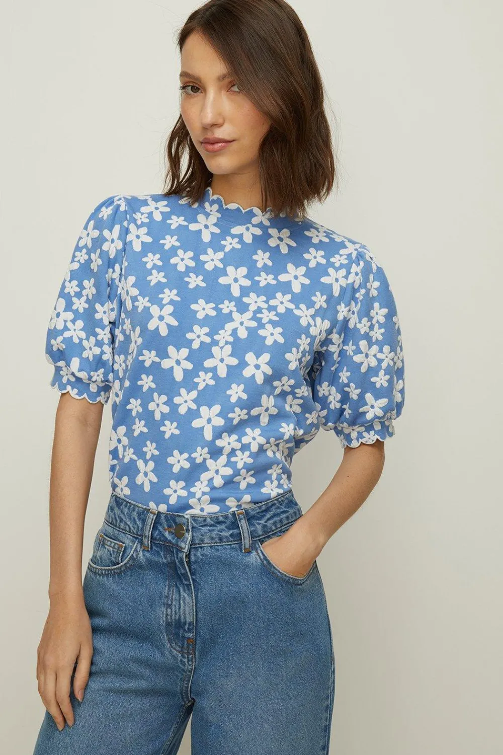 Online Oasis Floral Jacquard Scallop Edge Top Blue