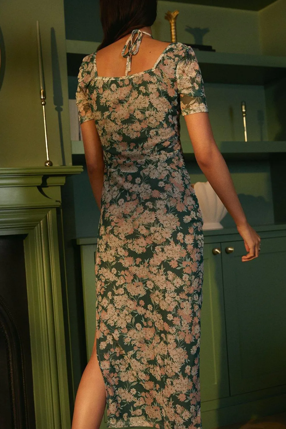 Discount Oasis Floral Keyhole Front Mesh Midi Dress Multi