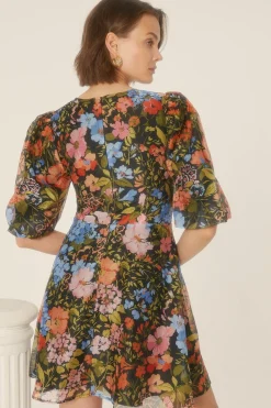Hot Oasis Floral Keyhole Organza Mini Dress Black