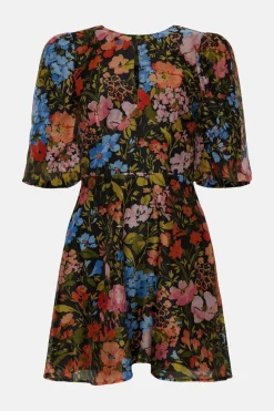Hot Oasis Floral Keyhole Organza Mini Dress Black