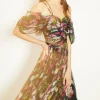 Best Oasis Floral Lattice Tuille Drape Shoulder Midi Dress