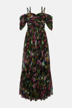 Best Oasis Floral Lattice Tuille Drape Shoulder Midi Dress