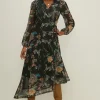 New Oasis Floral Mesh Asymmetric Wrap Midi Dress Pink