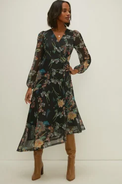 New Oasis Floral Mesh Asymmetric Wrap Midi Dress Pink