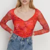 Fashion Oasis Floral Mesh Gauged Front Top Red