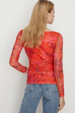 Fashion Oasis Floral Mesh Gauged Front Top Red