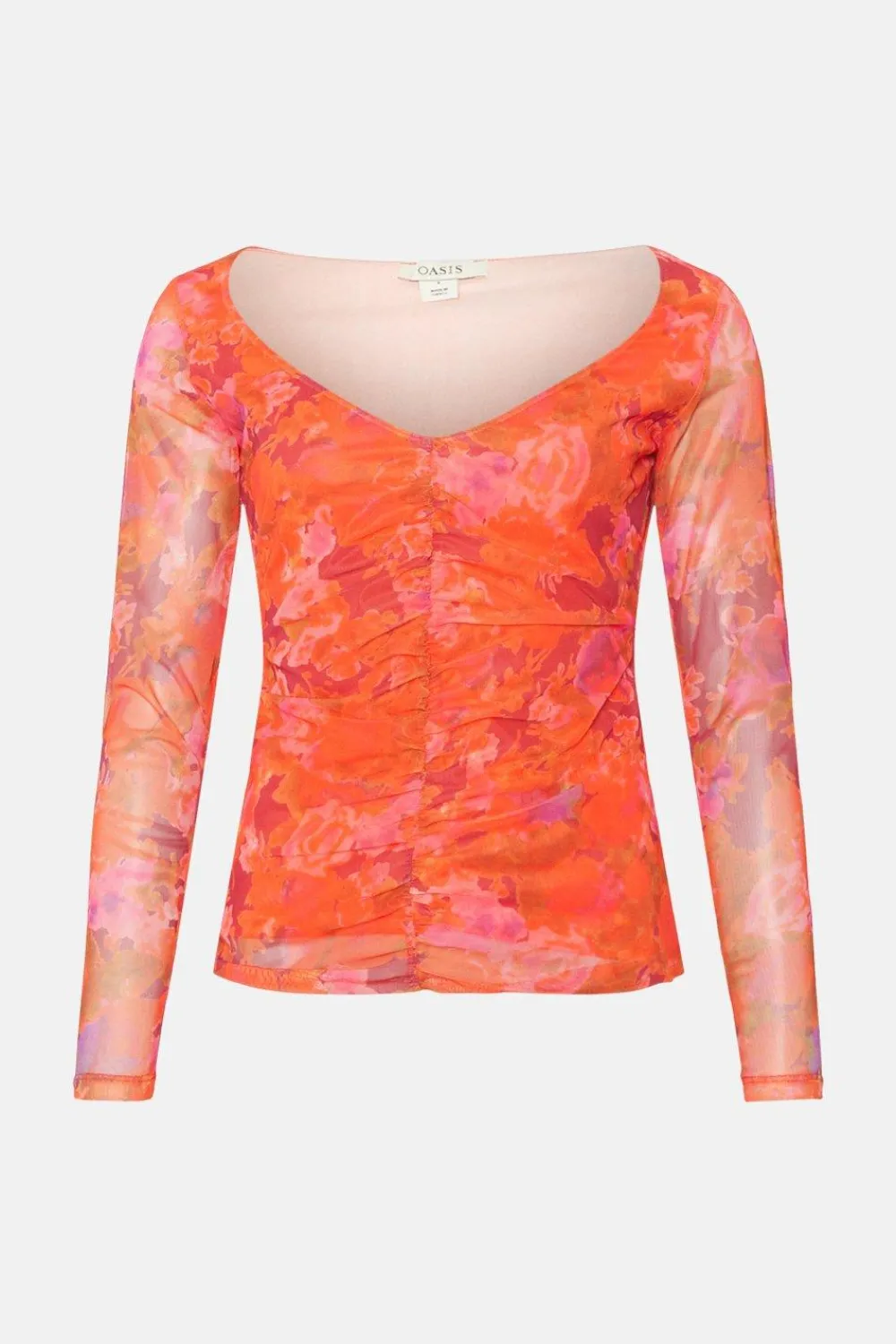 Fashion Oasis Floral Mesh Gauged Front Top Red