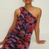 Outlet Oasis Floral Mesh One Shoulder Ruched Midi Dress Black