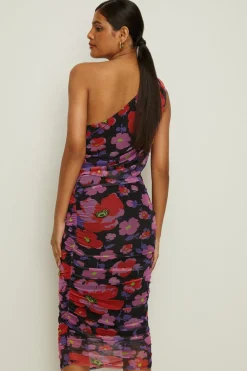 Outlet Oasis Floral Mesh One Shoulder Ruched Midi Dress Black