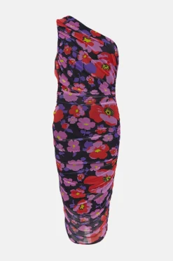 Outlet Oasis Floral Mesh One Shoulder Ruched Midi Dress Black